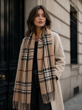 Luxe Timeless Style Plaid Scarf with Fringe